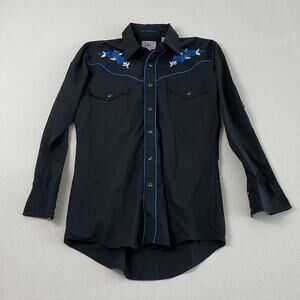 Ely Diamond San Antonio Rose Embroidered Western Wear Button Up Blue Size Small